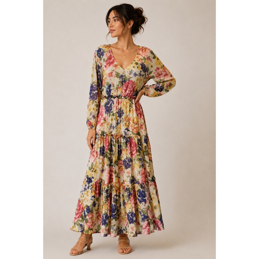 Women‎ Romantic Cottagecore Floral Peasant Tiered Ruffle Midi Dress Size XS Boho